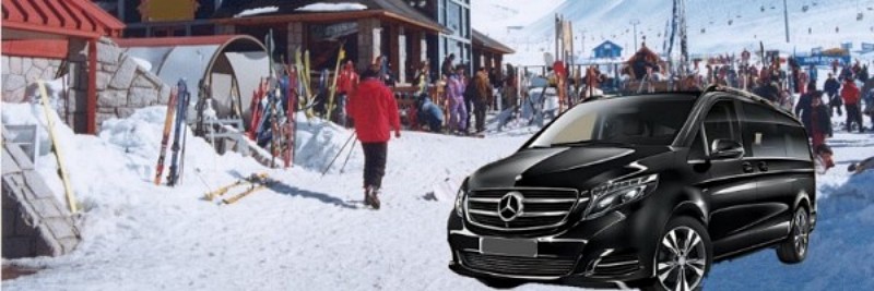 Switzerland Ski transfers Mercedes Van waiting in ski resort